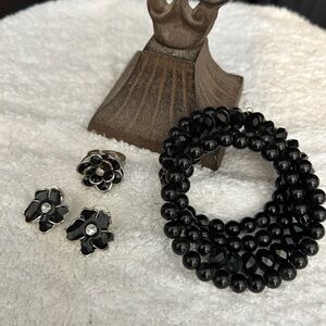 Black and White Flower Earrings and Ring, with Black Beaded Bracelet